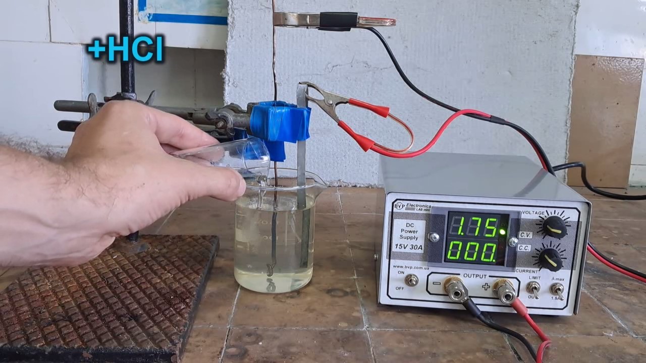 Electrolysis of hydrochloric acid (test of power supply unit)